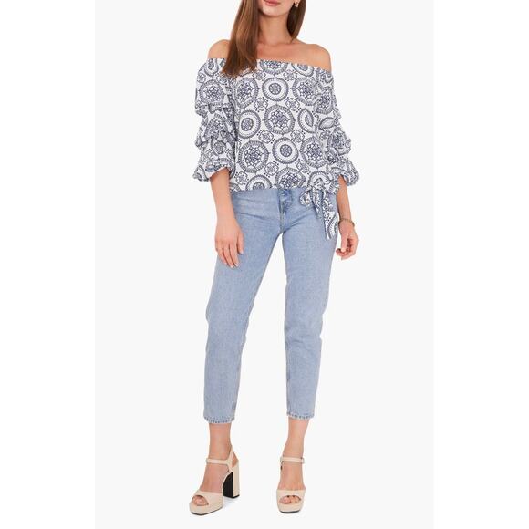 NWT Vince Camuto Off-the-Shoulder Blouse – White Denim Print, Women’s XS - Picture 3 of 5